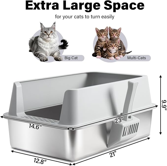 Stainless Steel Litter Box, Extra Large Cat Litter Box for Big Cats | High Sided, Anti-Urine Leakage, Easy Clean, Odor-Free, Non-Sticky, Includes Scoop & Mat