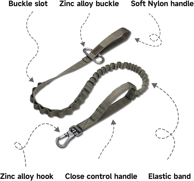 EXCELLENT ELITE SPANKER Tactical Military Bungee Nylon Dog Leash Adjustable | Adjustable No Pull Leads Rope Quick Release with 2 Control Handle heavy duty durable for training huntingfor medium large dog