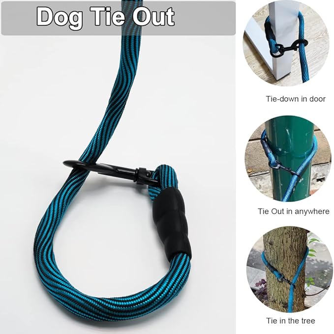 BTINESFUL 8/12/20/30/50/75ft Dog Tie Out Long Tether Rope Dog Lead for Yard | Large Medium Dogs Outdoor Training, Playing, Camping, or Backyard (75ft, Blue Black)