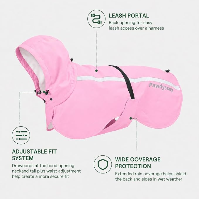 Stretch Fabric Dog Raincoat with Hood, Reflective Rain Poncho for Medium Large Dogs, Adjustable Waterproof Dog Rain Jacket with Leash Opening, Pink, Large