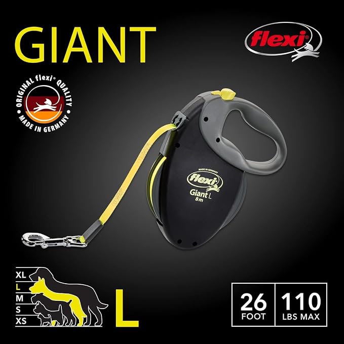 FLEXI® Giant Tape Retractable Dog Leash, Large, 26 ft - Black | German engineered, original flexi leash, durable quality for dogs up to 110 lbs, tangle-free, walking, reliable brake system
