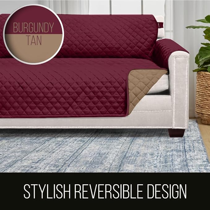 Sofa Shield® Couch Chaise Covers for Dogs, Reversible Furniture Protector with Strap, Stain and Tear Resistant Cushion Cover, 102x34 inch Seat, Machine Washable Slipcover Pets, Cats, Burgundy Tan