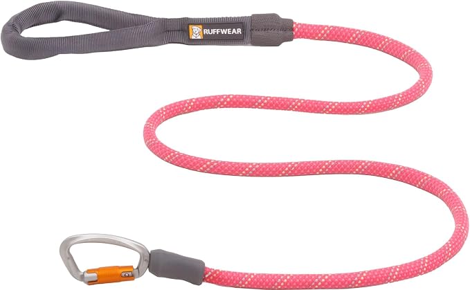 Ruffwear, Knot‑a‑Leash, Climbing‑Inspired Rope Leash, 5 ft Reflective Rope, Secure Auto‑Locking Swivel Carabiner, Tubular Handle, Accessory Loop for Pick‑Up Bags, Pink, Large