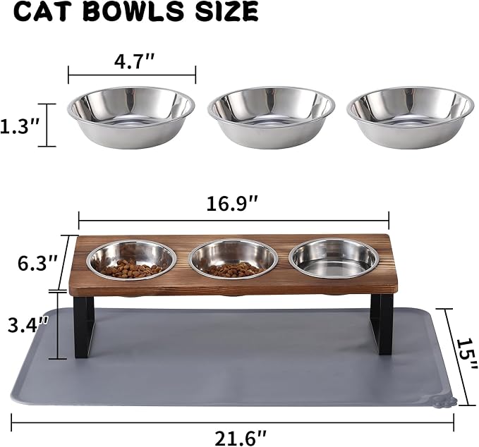 Summark Upgraded Elevated Cat Bowls with Food Mat,15°Tilted Stand Anti Vomiting Raised Cat Dishes for Food and Water,3 Stainless Steel Bowls for Cats and Puppy（Rustic Brown）