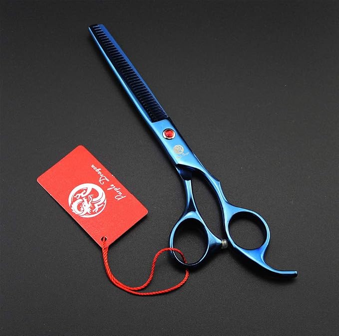 Purple Dragon 7.0 inch Dog Grooming Scissors Set with Silencer - Blue | 4PCS Pet Grooming Shears Kit, Includes Curved, Straight & Thinning Scissors with Smooth Cutting and Comfortable Grip
