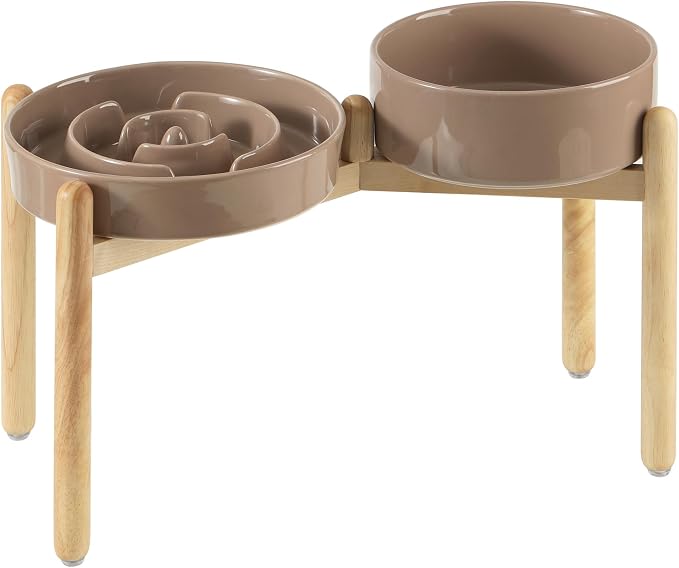 Havniva Elevated Slow Feeder Dog Bowls, Ceramic Dog Bowl Slow Feeder Set | 3.2 Cups Raised Slow Feeding Bowl for Large Breed, 8.2” Dog Water Bowl with Wooden Stand, Puzzle Dog Slow Feeder, Non-slip