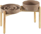 Havniva Elevated Slow Feeder Dog Bowls, Ceramic Dog Bowl Slow Feeder Set | 3.2 Cups Raised Slow Feeding Bowl for Large Breed, 8.2” Dog Water Bowl with Wooden Stand, Puzzle Dog Slow Feeder, Non-slip