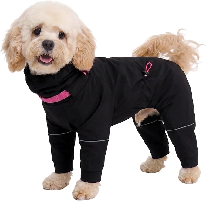 Kouser Waterproof Full-Body Coverage Dog Raincoat, Black XS | Dog Raincoat with Reflective Stripes, Adjustable Dog Rain Jacket with Leash D-Ring, Hooded Poncho for Small Medium Large Dogs