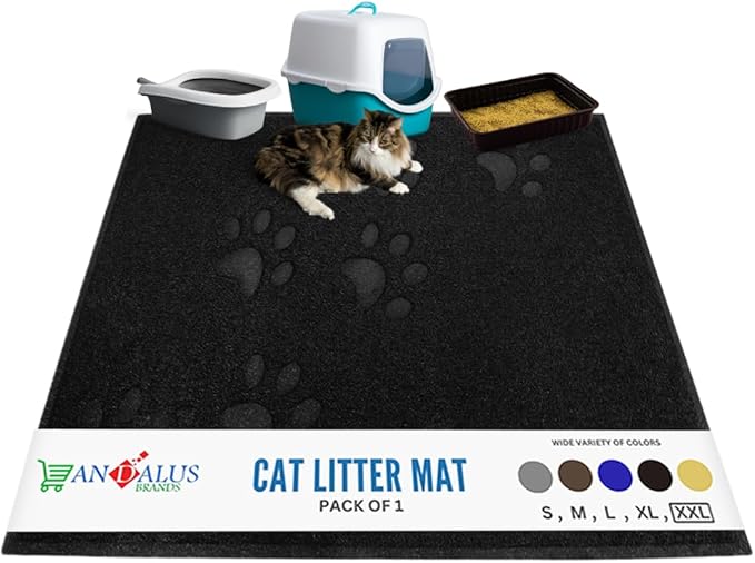Andalus Jumbo Cat Litter Mat, Pack of 1 - Waterproof, Non-Slip & Easy to Clean Cat Litter Box Mat for Extra Efficient Pet Litter-Trapping, Black (47” X 35”)