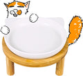 Elevated Ceramic Cat Bowls with Bamboo Stand for Cat Bowl, Whisker Friendly Shallow Cat Plate, Stable Raised Cat Food Riser for Indoor Cats (White, Set of 1)