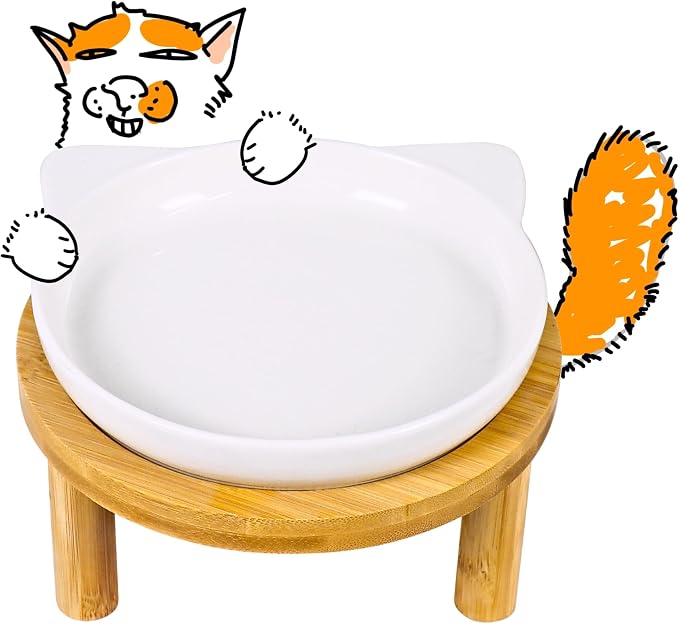 Elevated Ceramic Cat Bowls with Bamboo Stand for Cat Bowl, Whisker Friendly Shallow Cat Plate, Stable Raised Cat Food Riser for Indoor Cats (White, Set of 1)
