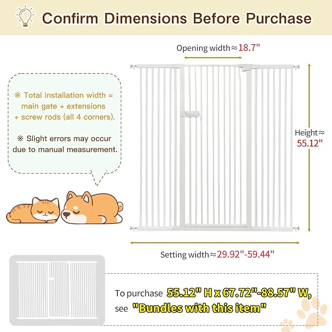 Lumizone Extra Tall Cat Gate 55.12" High 29.92"-59.44" Wide Pet Gate White | Dog Gate for Doorway Hallway Stairs Pressure Mounted Extra Wide 1.37" Gap No Drilling Auto-Close One-Handed Operation