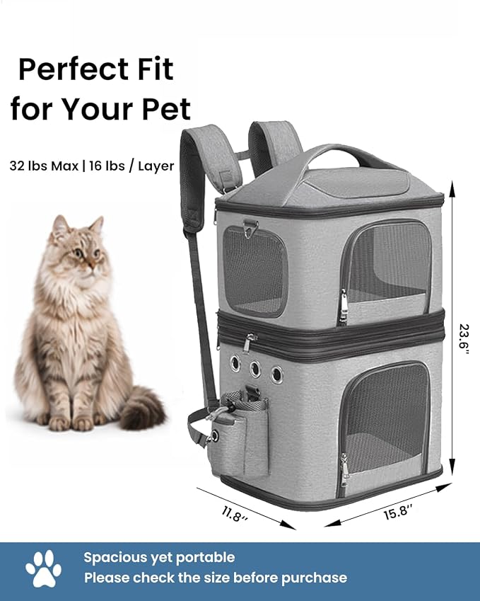 HOVONO Detachable Double Cat Backpack Carrier for 2 Pets | Pet Backpack Carrier for Small Cats & Dogs, Perfect for Traveling/Hiking /Camping/Vet Visits, up to 16 lbs Each, Grey
