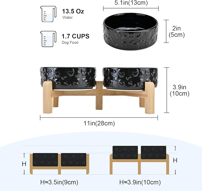 SPUNKYJUNKY Elevated Dog Bowls Ceramic, 5.1'' Dogs and Cat Food Water Bowls Raised with Non-Slip Bamboo Stand for Puppy Small Sized Breed Microwave Dishwasher Safe - 13.5 OZ,Skull Black