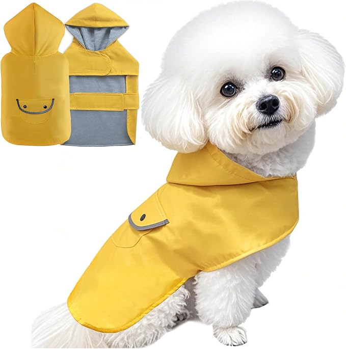 Dog Raincoat Dogs Rain Jacket Reflective Waterproof Pet Clothes Lined Poncho Rainwear Pocket Hooded Leash Hole Adjustable for Small Medium Dogs Puppy,Yellow,XL,Back Length 14.9 Inch