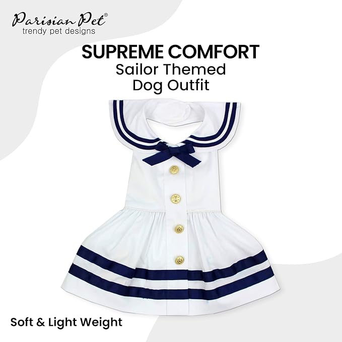 Parisian Pet Sailor Dog Dress - 100% Cotton Summer Clothes for Small Dogs Girl - Nautical Pet Apparel - Stylish Dog Outfit - Lightweight and Breathable Puppy Clothes - Cute Dresses for Dogs