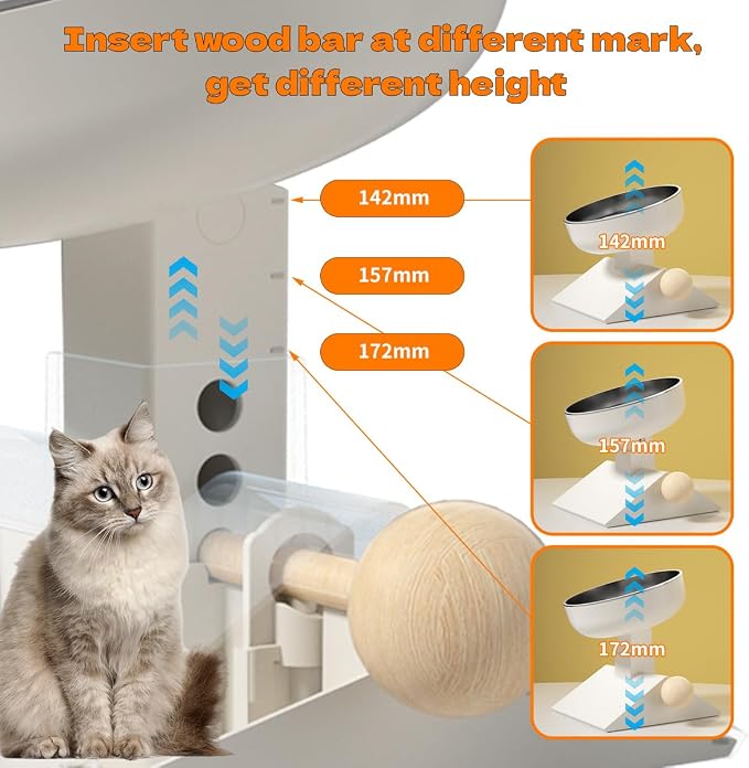 Raised Cat Bowl,Elevated Cat Bowl Stand with 3-Level Height,White | 5.6''/6.2''/6.8'' Height Elevated,0-17.5° tilt Neck-Friendly,25 OZ Large Capacity,304 Stainless Steel,Cats and Puppy