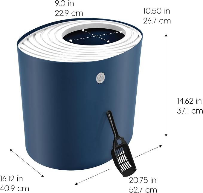 IRIS USA Large Top Entry Cat Litter Box, Hooded Privacy, Navy/White | Dog-Free Zone, Mess Containment System, Protected Interior, Dog Proof Pan, Odor Trapping, Easy Scoop Access