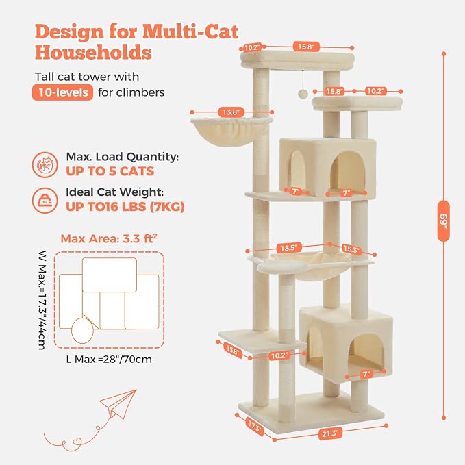 69" Tall Cat Tree for Indoor Cats Large Adult, Multi-Level Cat Tower | Multi-Level Cat Tree with Scratching Posts, Soft Padded Perch, 2 Dangling Toys