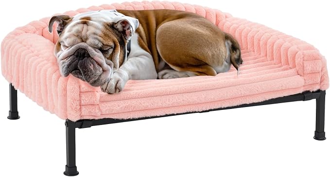 Veehoo Elevated Dog Bed with Bolster Cushion, Fluffy Plush Dog Couch Beds for Small Dogs, Cats, Washable Raised Pet Cot with Non-Slip Feet for Indoor or Patios Use, 36 x 28 Inches, Pink
