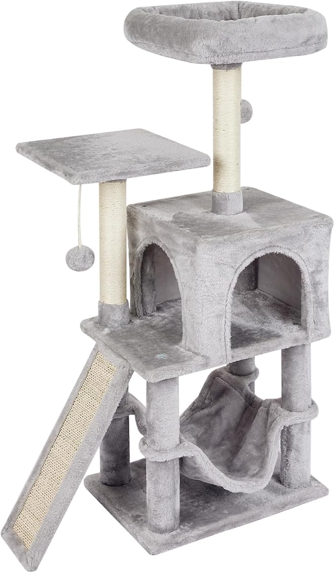 Cut Cat Tree Cat Tower Condo with Hammock Kittens Scratching Post Grey | MIAO PAW Cat Bed For Indoor Modern Activity Tree for Small Cat with Board Hanging Ball Play House
