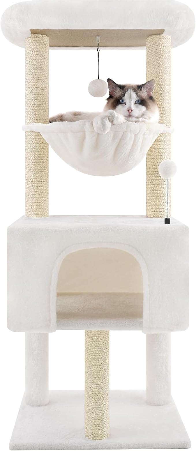 ROYPET Fashion Design 43.3" Cat Trees with Cat Houses Spring Balls,Beige
