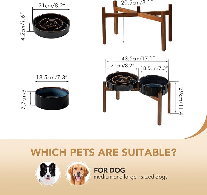 Havniva Raised Slow Feeder Dog Bowls, Elevated Dog Bowls Slow Feeder Set | 1.6 Cups Ceramic Dog Bowl Elevated with Acacia Wood Stand, Raised Dog Food Bowl, Puzzle Slow Feeder for Medium Dogs, Non-Slip