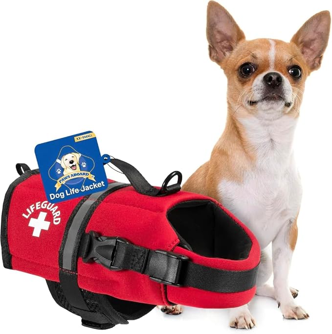 Dog Life Jacket — Premium Swim Vest with SafeChin Anti-Choke Collar | PAWS Aboard Red | RapidLift Rescue Handle, D-Ring, Reflective Trim | Boating, Kayaking, Pool | XX-Small (Under 6 lbs)