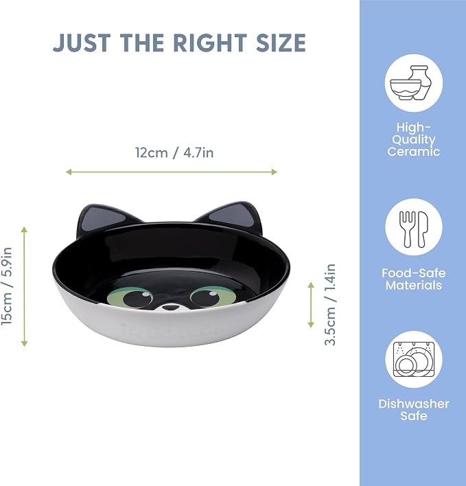The Cat Ladies Ceramic Cat Bowls - Whisker Friendly Food Bowl - Cute Pet, Kitten Plates - Dishes for Indoor Cats - Dish for Wet Food & Water - Platos para Gatos - Black and White Cat, Small