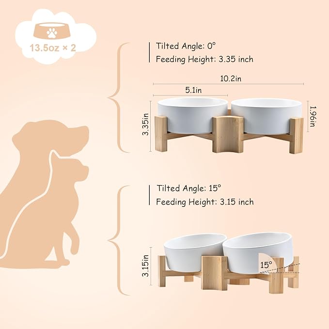 SPUNKYJUNKY 15° Slanted Ceramic Dog and Cat Bowl with Wooden Stand, Tilted Bulldog Food and Water Bowl No Slip Non-Spill for Cats Medium Dogs Big Face Pets 13.5 OZ (1.7 Cups, White × 2)