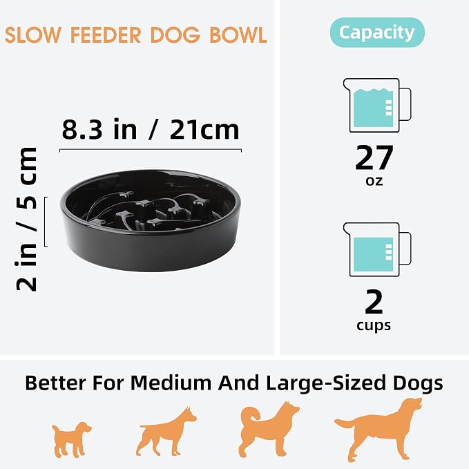 Ceramic Slow Feeder Dog Bowls Large Breed, 2 Cups, 8.3 Inch Black | 2 cups raised maze bowl slows fast eating for medium and large dogs; heavy ceramic, non-slip and dishwasher safe.