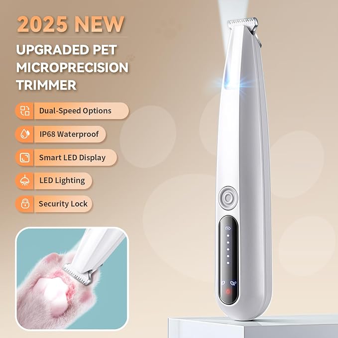 2026 New Pet Precision Trimmer, Dog Paw Trimmer with LED Light, Ultra Quiet | IP68 Waterproof, Dual-Speed Motor, Suit for Trimming Paw, Ear, Face, Butt, Eyebrows, USB Rechageble
