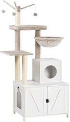 HOOBRO Cat Tree Tower with Litter Box Enclosure for Indoor, Wooden Cat Condo with Scratching Posts, Litter Box Furniture Hidden, All-in-One Cat House, White WT15MZ03