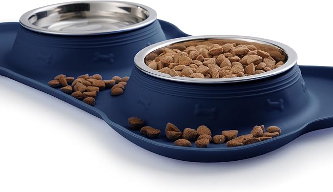 Hubulk Pet Dog Bowls 2 Stainless Steel Dog Bowl with No Spill Non-Skid Silicone Mat + Pet Food Scoop Water and Food Feeder Bowls for Feeding Small Medium Large Dogs Cats Puppies (Small, Navy Blue)
