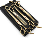 Moontay Professional 7" Dog Grooming Scissors Set 4PCS, Gold | Straight, Upward Curved, Downward Curved, Thinning/Blending Shears for Dog, Cat and Pets, JP Stainless Steel