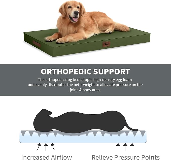 Outdoor Waterproof Orthopedic Dog Bed for Large Dogs | Egg Crate Foam for Joint Support, TPU Waterproof Layer, Machine Washable 1680D Oxford Cover, 36 x 27 Inch, Up to 65 lbs