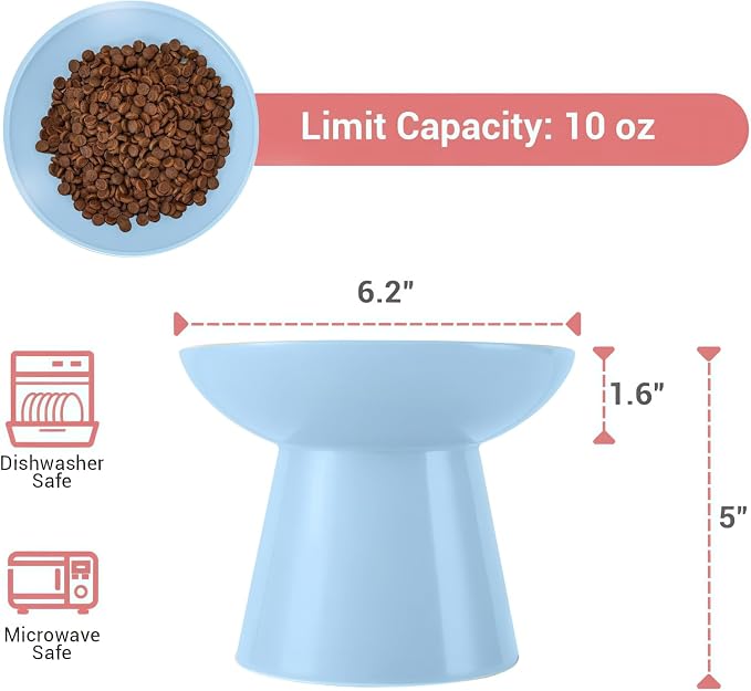 CEEFU 2-Pack Extra Wide Elevated Ceramic 6.2" Shallow Cat Food Bowls | Cat Dish for Whisker Fatigue Relief, 5" Height for Easy Feeding, Durable Raised, Blue