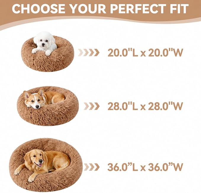 Calming Donut Pet Bed for Cats & Small Dogs, Ultra Soft Fluffy Anti Anxiety Cat Bed with Raised Rim, Washable Plush Round Puppy Bed for Indoor Cats, Kittens, Chihuahua & Yorkie (Khaki, 20 Inch)