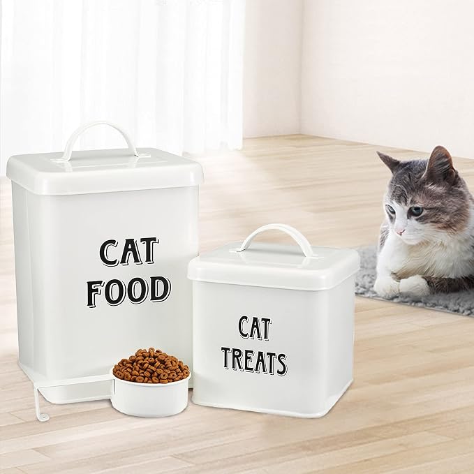 Morezi Farmhouse Cat Food Storage Container with Lid and Scoop, Pet Food Treats Holder, Sturdy Canister Tins for Kitchen Countertop, Shelf, Great Gift for Pet Owners, 5 lbs