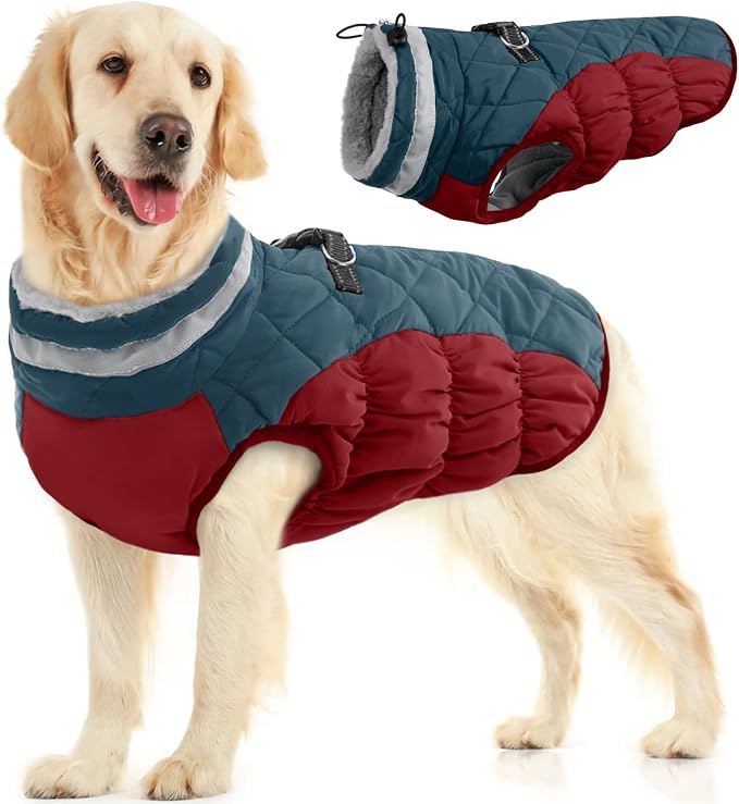 FUAMEY Dog Coat for Large Dogs, Fleece Dog Winter Jacket with Harness | Puppy Cold Weather Coats Reflective Pet Puffer Vest with Zipper Water-Resistant Warm Dogs Snowsuit Windproof Dark Blue L