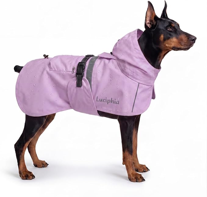 Luciphia Dog Raincoat, Adjustable Hooded Reflective Jacket with Pocket | Purple XXX-Large dog rain jacket with leash hole, buckle-on, non-stick fur. For daily walks.