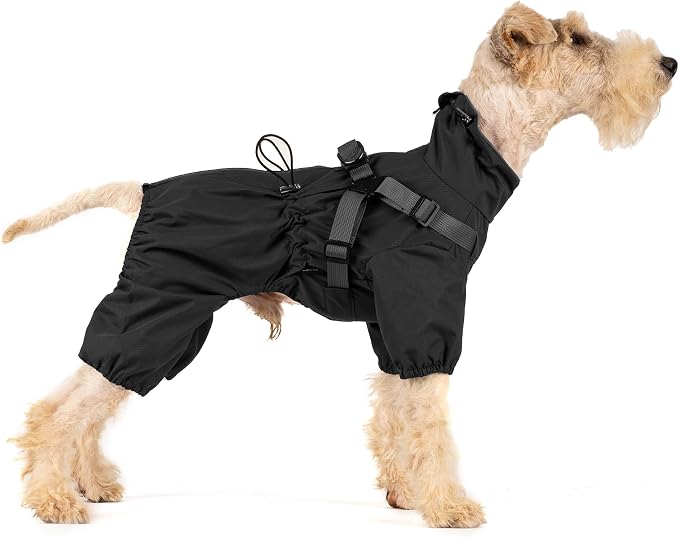 Mile High Life Waterproof Dog Raincoat, Full Coverage Small Dog Rain Coat with Harness, Adjustable 4 Legs Puppy Rain Jacket with Reflective Strip and Elastic Cuffs (Black, M Back Length 14.6")