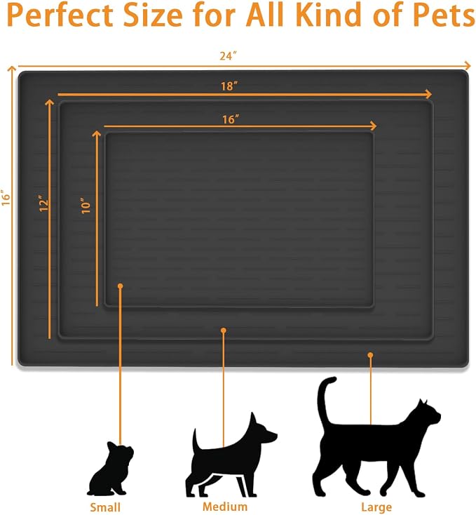 24" x 16" Dog Food Mat, Silicone Pet Mats for Food and Water, Nonslip Pet Feeding Mats for Floors, Dog Cat Bowl Mat with Raised Edges, Black