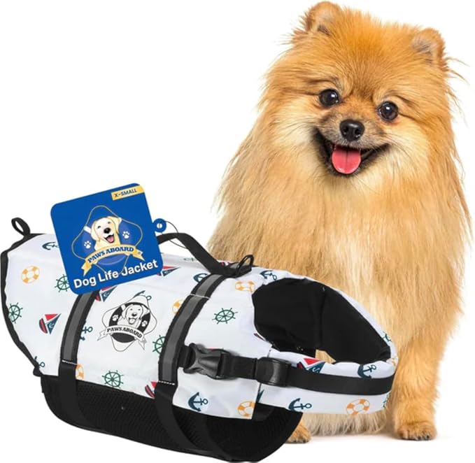 Dog Life Jacket — Premium Swim Vest with SafeChin Anti-Choke Collar | PAWS Aboard Nautical Dog | RapidLift Rescue Handle, D-Ring, Reflective Trim | Boating, Kayaking, Pool | X-Small (6–15 lbs)