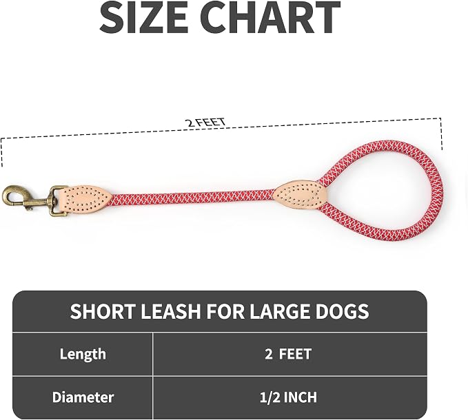 Mile High Life Short Dog Leash with Genuine Leather Connection, 4/5/6 FT | Rope Leash, Heavy Duty 360° Swivel Metal Clasp, for Small Medium & Large Dogs Walking (Red, 18 Inch)