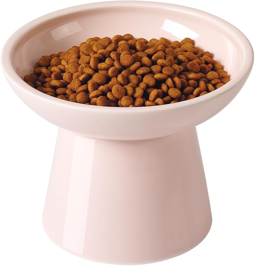 LoeJan Elevated Cat Food and Water Bowls Set, Extra Wide and Raised Ceramic Feeder, Anti-Vomit Whisker-Free Pressure Feeding Bowl for Kittens Adult Cats Small Dogs(Pink, Food Bowl)