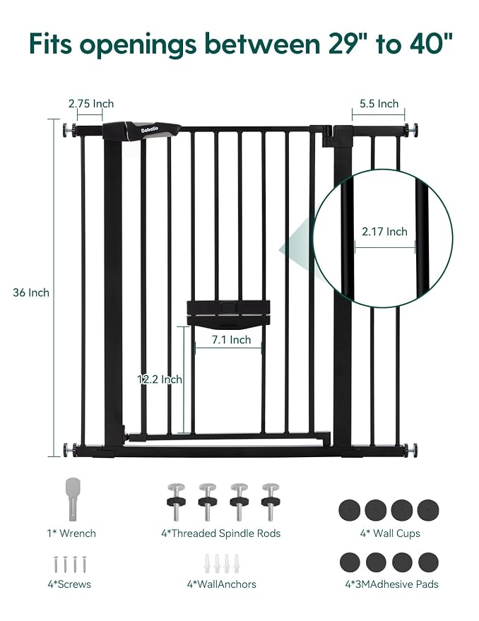 Babelio 36 Inch Extra Tall Baby Gate with Cat Door, 29.5-40" Metal Pet Door for Stairs, Doorways, House, Auto Close, Easy Walk Thru, Black | 6-Level Adjustable Metal Pet Gate, Auto-Close Safety Gates with Pet Door, Easy Walk Thru, Black