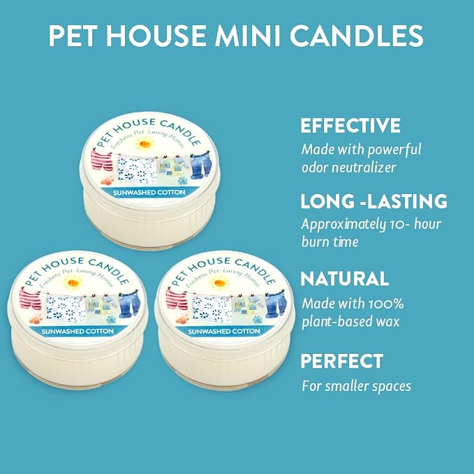 Pet House Mini Candles for Pet Odor Made with Natural Soy Wax, Plant Based, Dog and Cat Friendly Scented, Sunwashed Cotton Pack of 3