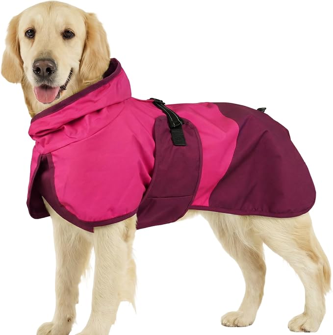 BRKURLEG Dog Raincoat, Waterproof Rain Jacket with Hood, Rose Red, XXL | Adjustable Windproof Rainproof Jacket with Leash Hole, Reflective Breathable Rain Coat Poncho, for Small to Large Dogs