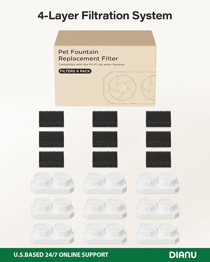 DIANU Official Replacement Filters for 108 oz/3.2 L Cat Fountain (9 Pack) | Includes 9 Filters and 9 Pre-Filter Sponges, with Multi-Stage Filtration to Help Keep Water Fresh